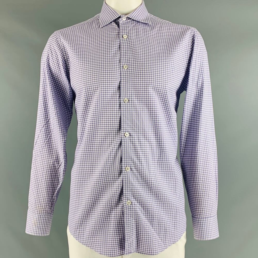 BUGATCHI UOMO Size L Purple White Houndstooth Cotton Long Sleeve Shirt